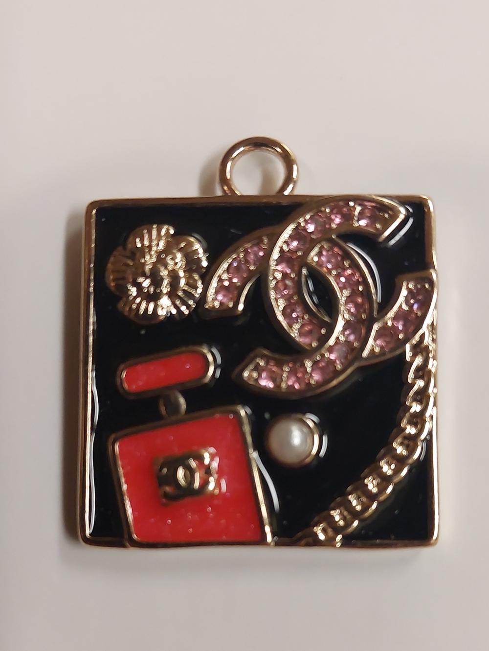 CC Pink, Red & Black Crystal Interlocking Logo Pendant Charm
